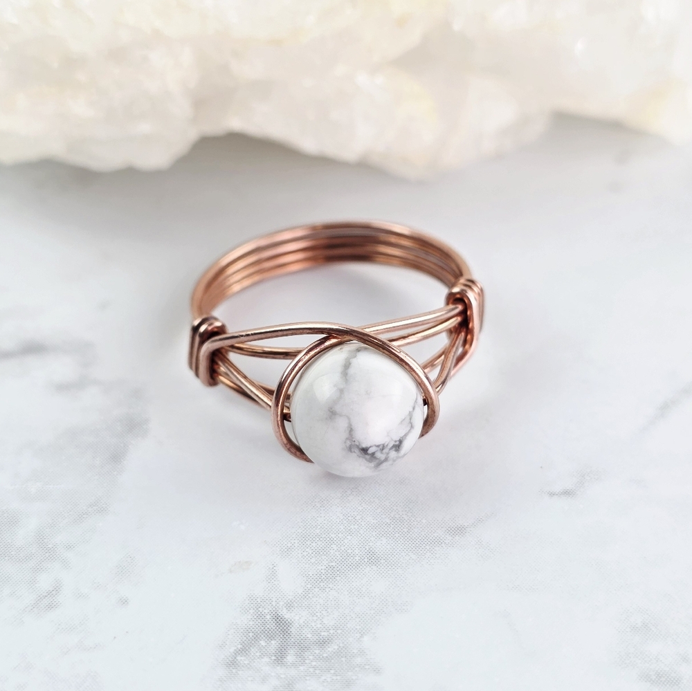 Howlite Ring Copper Wire Wrapped White Stone Crystal Artisan Handmade Women Gift